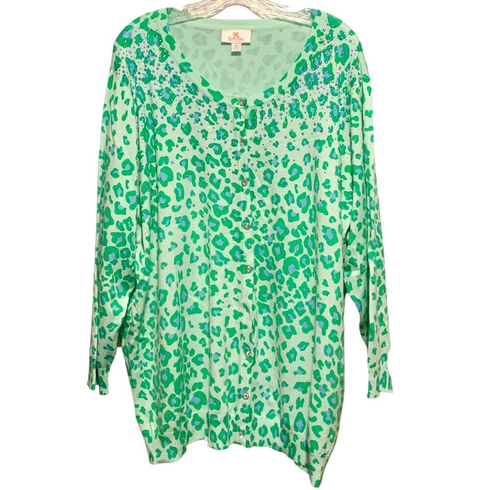 QUACKER FACTORY 3X Cardigan Sweater Green Leopard Rhinestones Missing 1 Button
